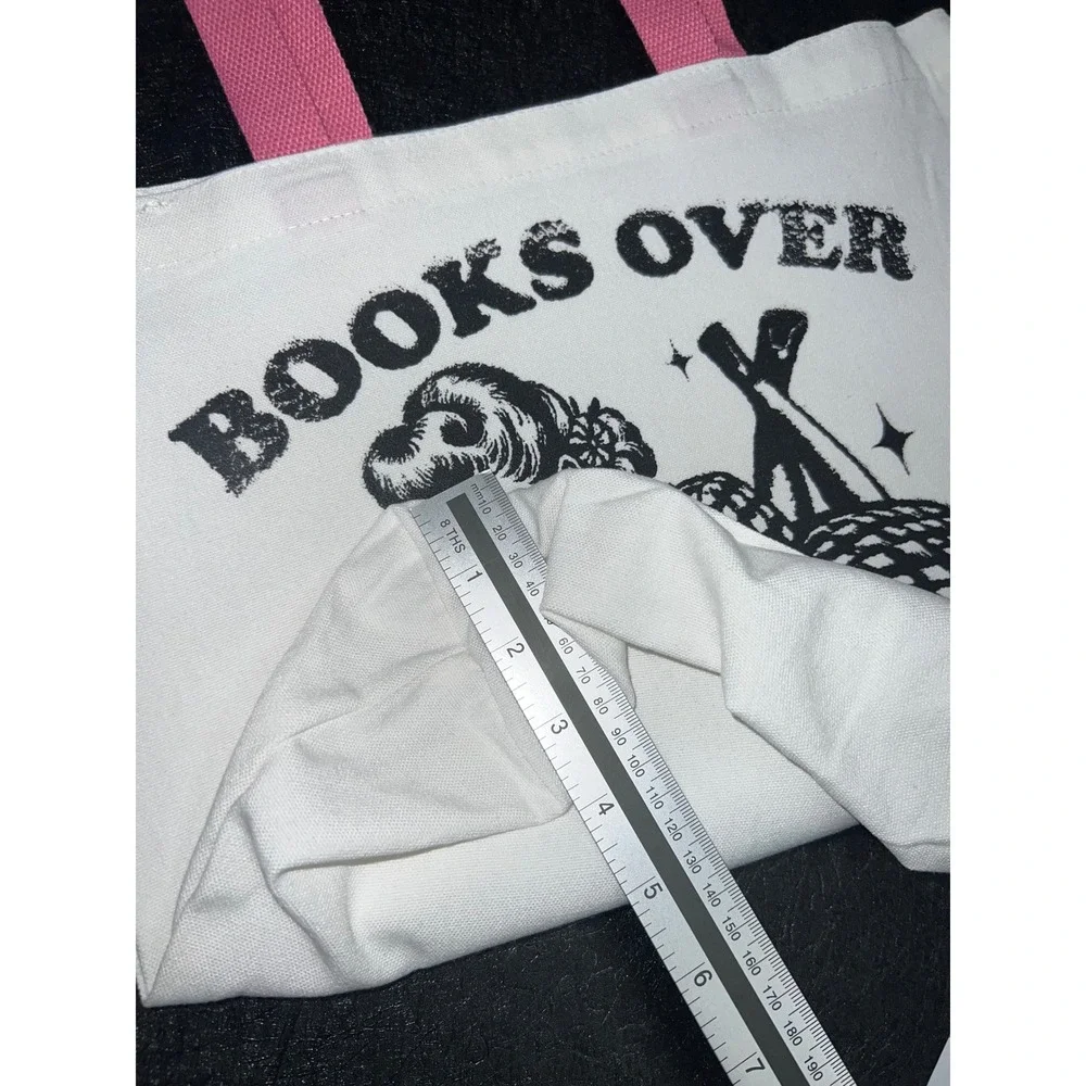 Books Over Bullsh*t Graphic Tote Bag White Pink Straps Canvas